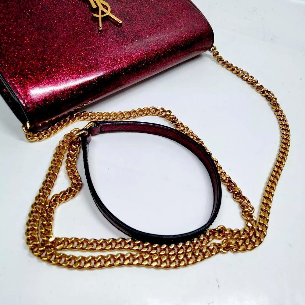 Auth Saint Laurent Ruby Patent Glitter Wallet On Chain Kate Clutch Shoulder Bag - Picture 4 of 10